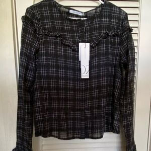 Q2 collection black plaid ruffle yoke button down